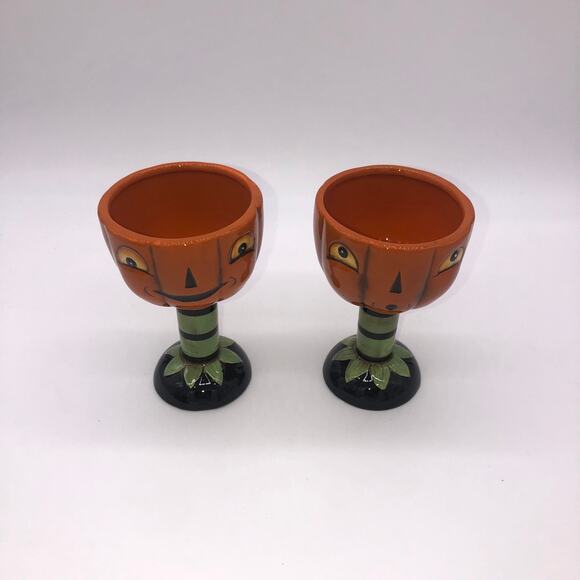 Johanna Parker Transpac Set Of 2 Jack O Lantern Pumpkin Goblets Halloween New - Picture 4 of 8